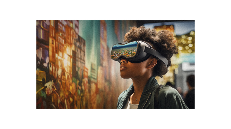 A girl wearing a vr headset in front of a city.