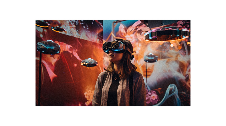 A woman wearing a virtual reality headset in a room.