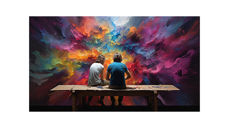 Two people sitting at a table in front of a colorful painting.
