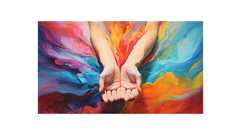 A painting of a woman holding a colorful hand.