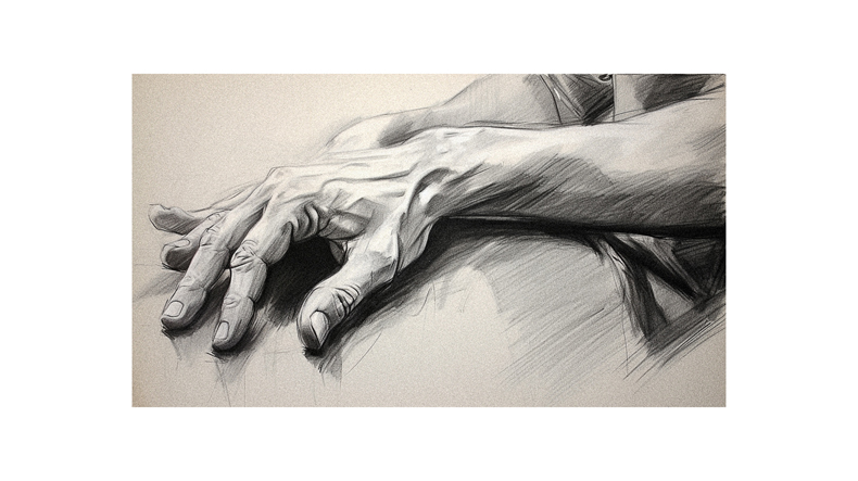 A black and white drawing of a person's hand.