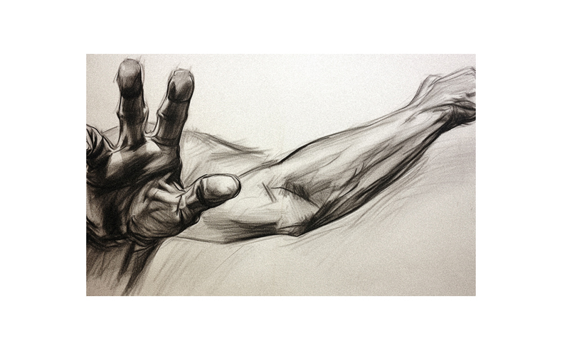 A black and white drawing of a hand reaching out.