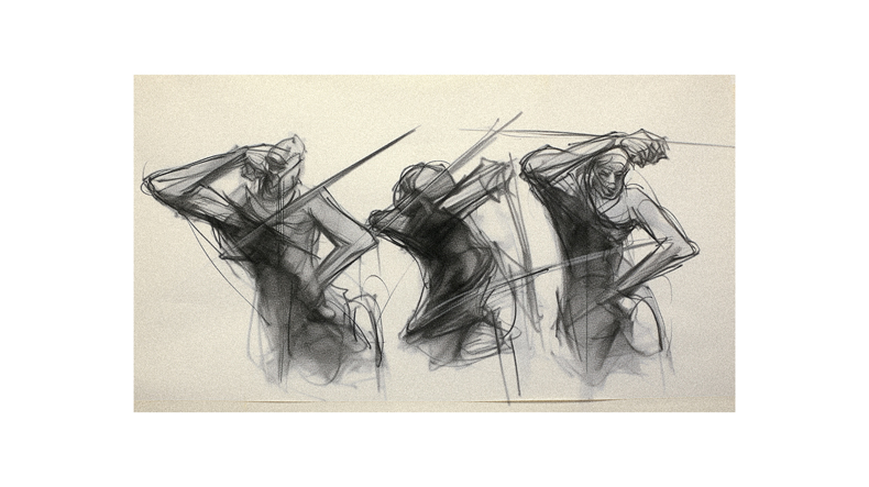 A drawing of a group of people holding swords.