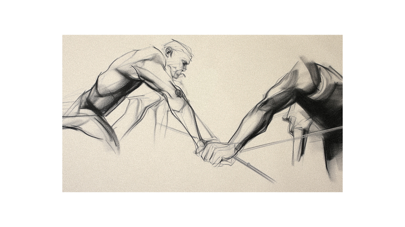 A drawing of a man and a woman fighting.