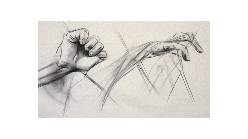 A drawing of two hands reaching for something.