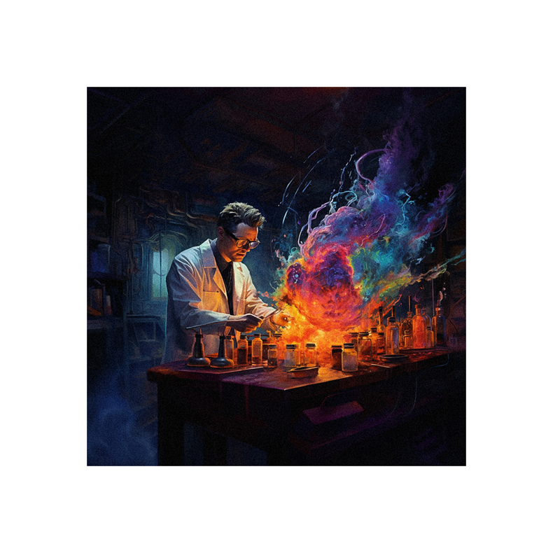 A painting of a man working in a lab.
