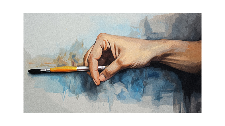 A painting of a hand holding a brush.