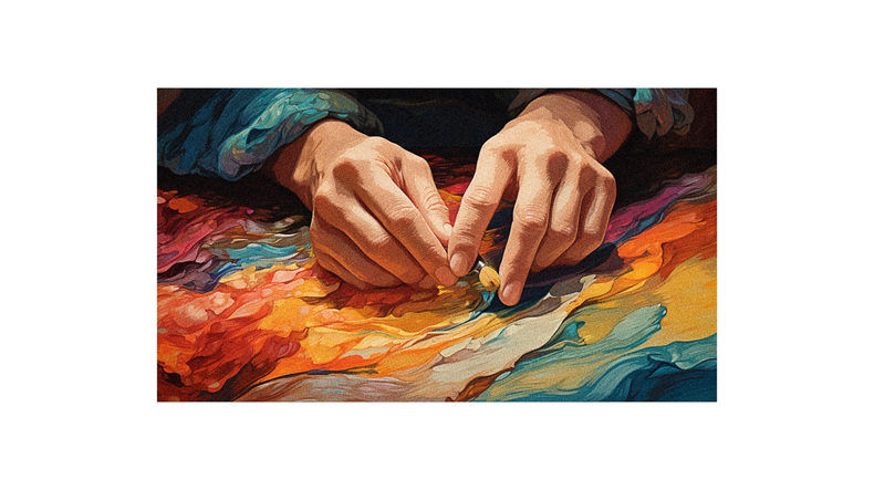 A painting of a hand holding a paint brush.