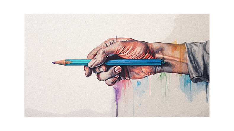 A drawing of a hand holding a colored pencil.