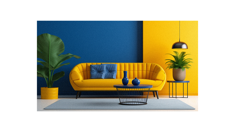 A living room with a yellow couch and blue walls.