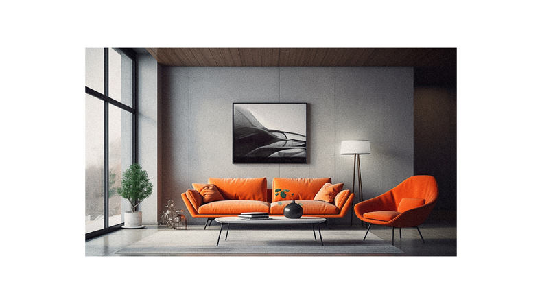 A living room with orange sofas and chairs.