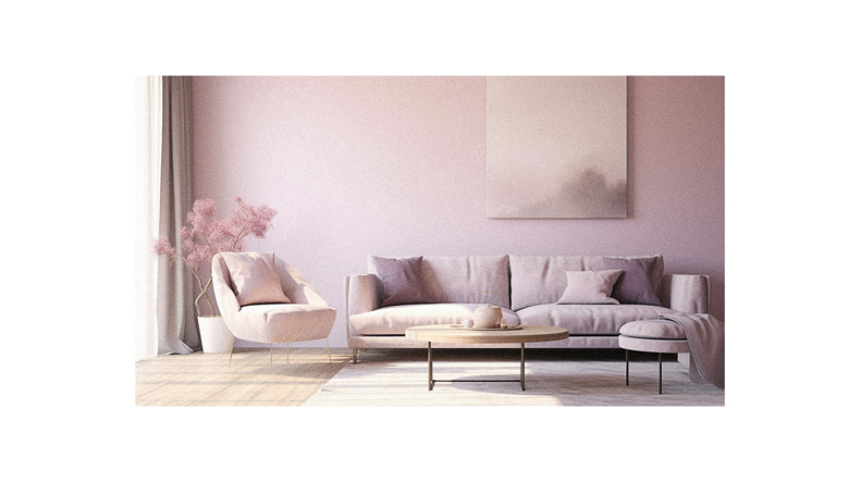 A living room with pink walls and furniture.