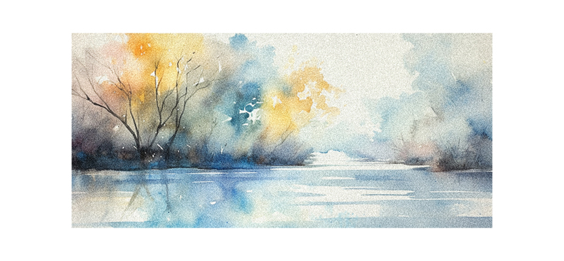 A watercolor painting of a river and trees.