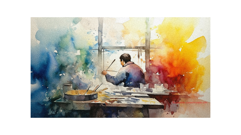 A watercolor painting of a man in a kitchen.