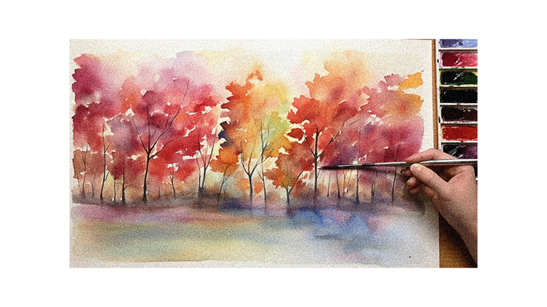 A person is painting a watercolor painting of autumn trees.