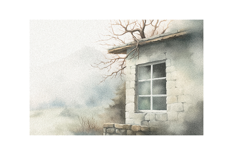 A watercolor painting of a house with a window.