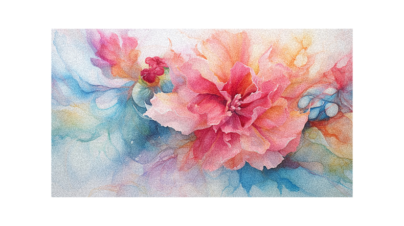 A watercolor painting of a pink and blue flower.