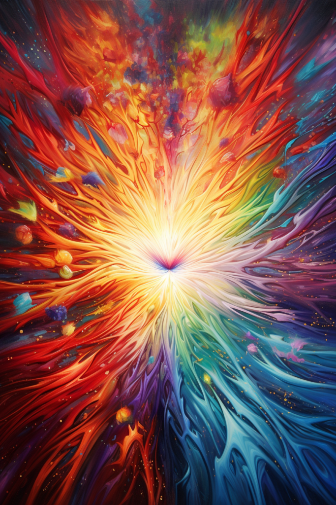 An abstract painting of a colorful burst of light.
