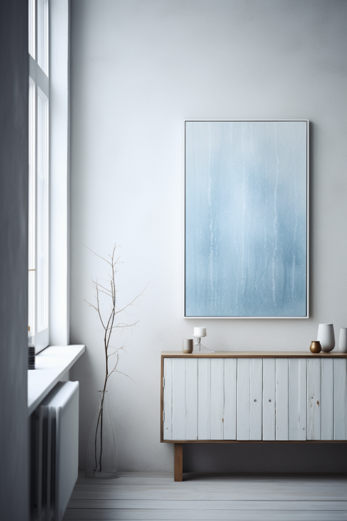 A white room with a blue painting on the wall.