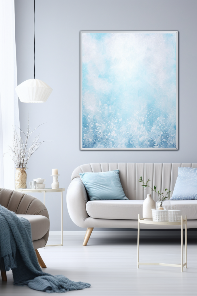 A living room with a blue and white painting on the wall.