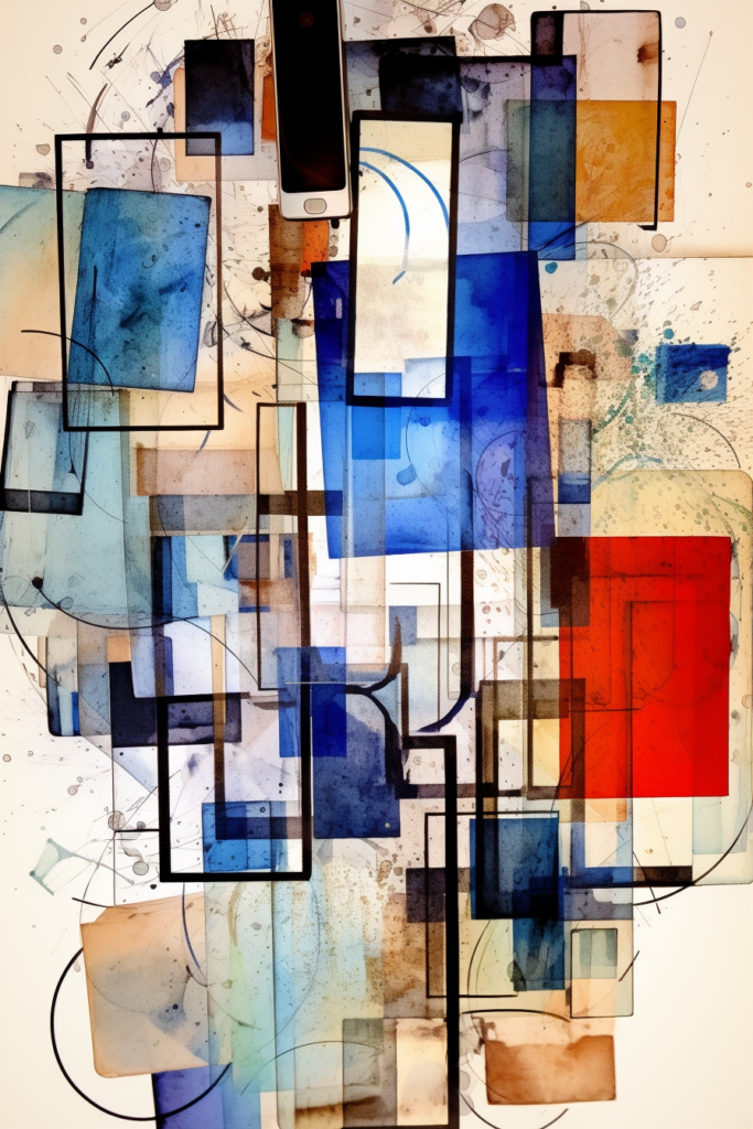 Abstract painting with blue, red, and brown squares.