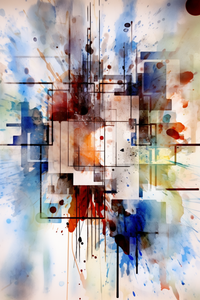 Abstract painting with watercolor splatters on a white background.
