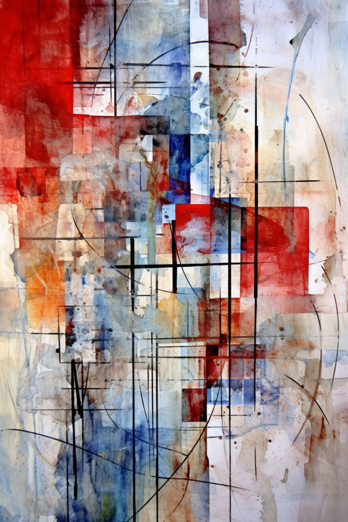 An abstract painting with red, blue, and white lines.