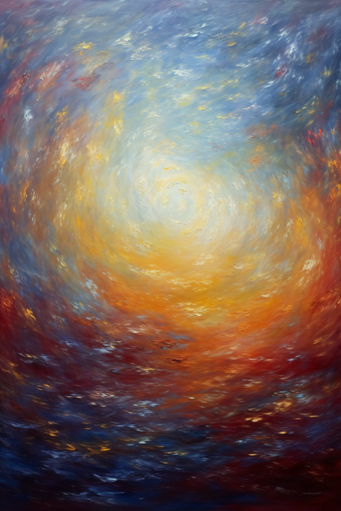 An abstract painting of a blue, orange, and yellow sky.