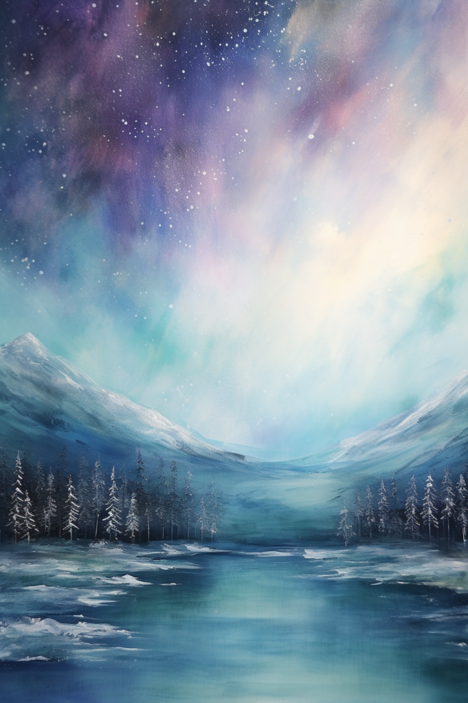 A painting of a snowy landscape with stars in the sky.