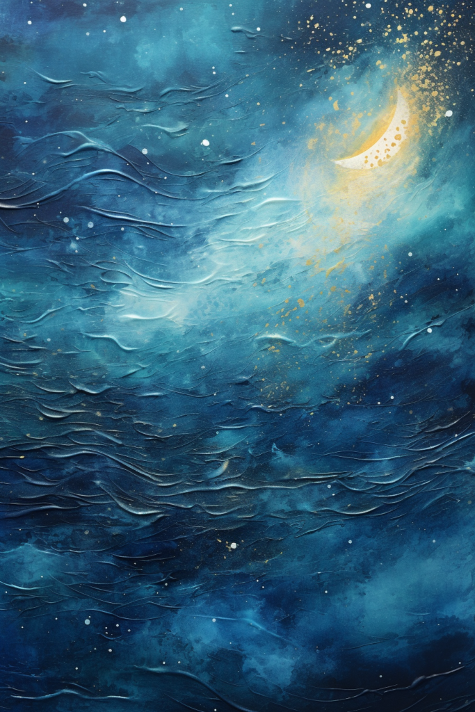 A painting of a moon and stars in the ocean.