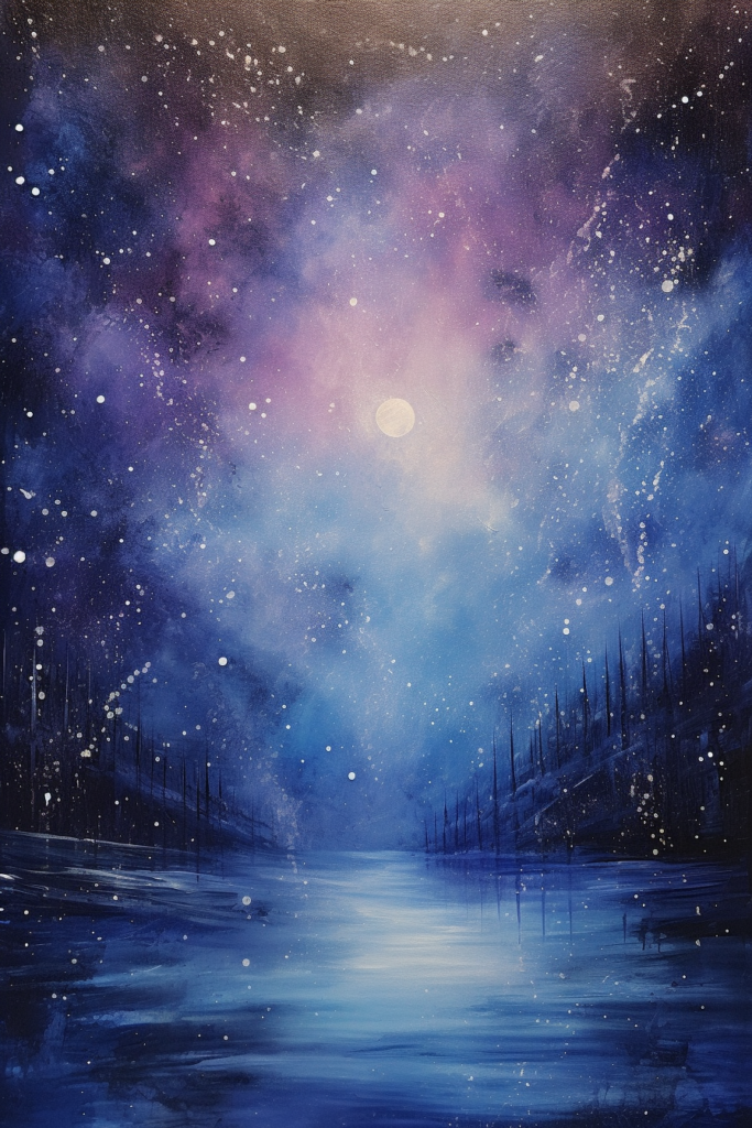 A painting of a night sky with stars and water.