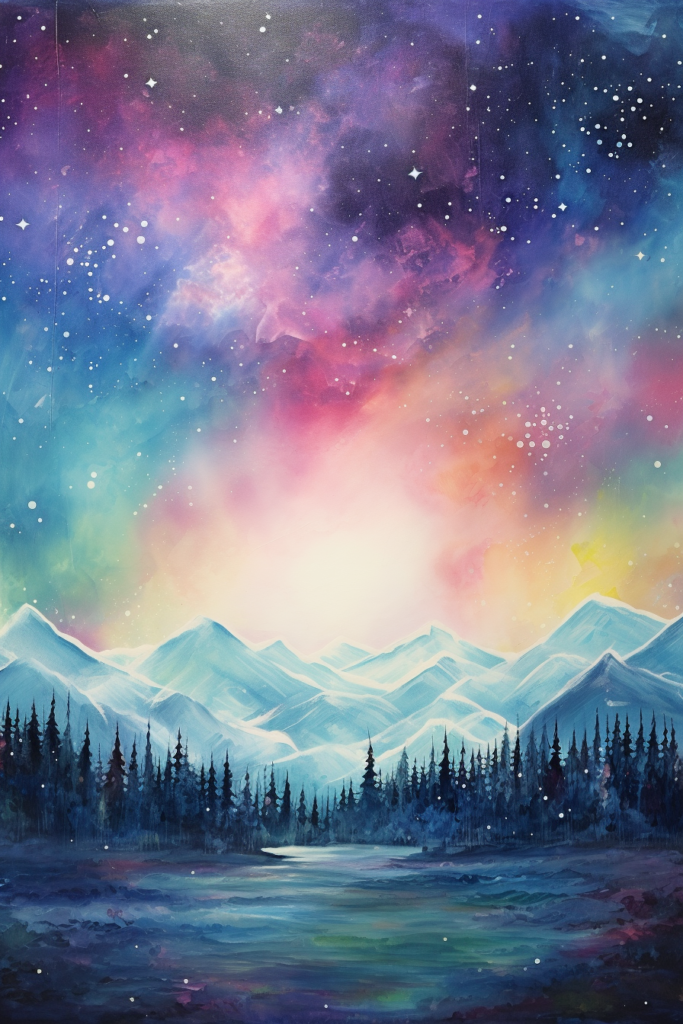 A painting of a night sky with mountains and stars.