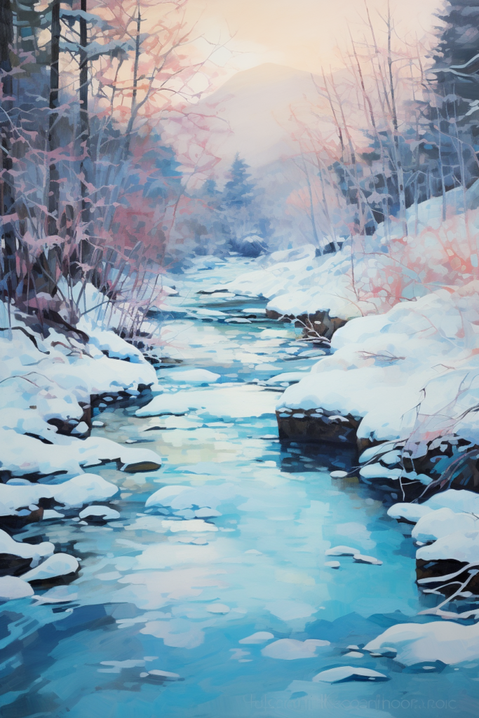 A painting of a snowy river in the woods.