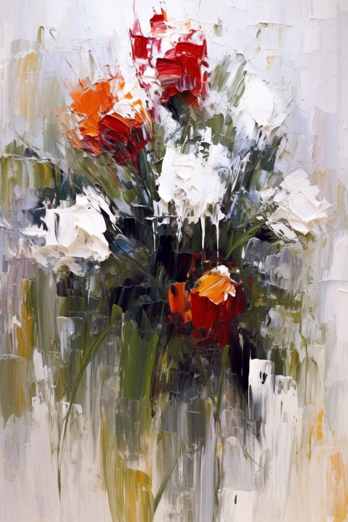 A painting of red, white and orange flowers in a vase.