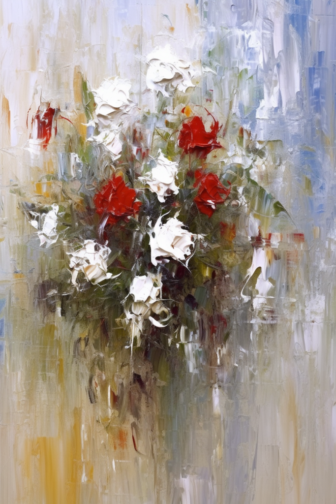 An oil painting of red and white roses in a vase.
