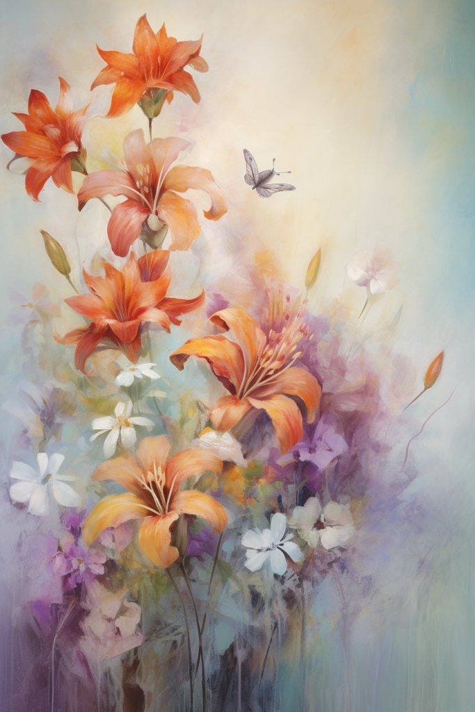 A painting of orange and white flowers with a butterfly.