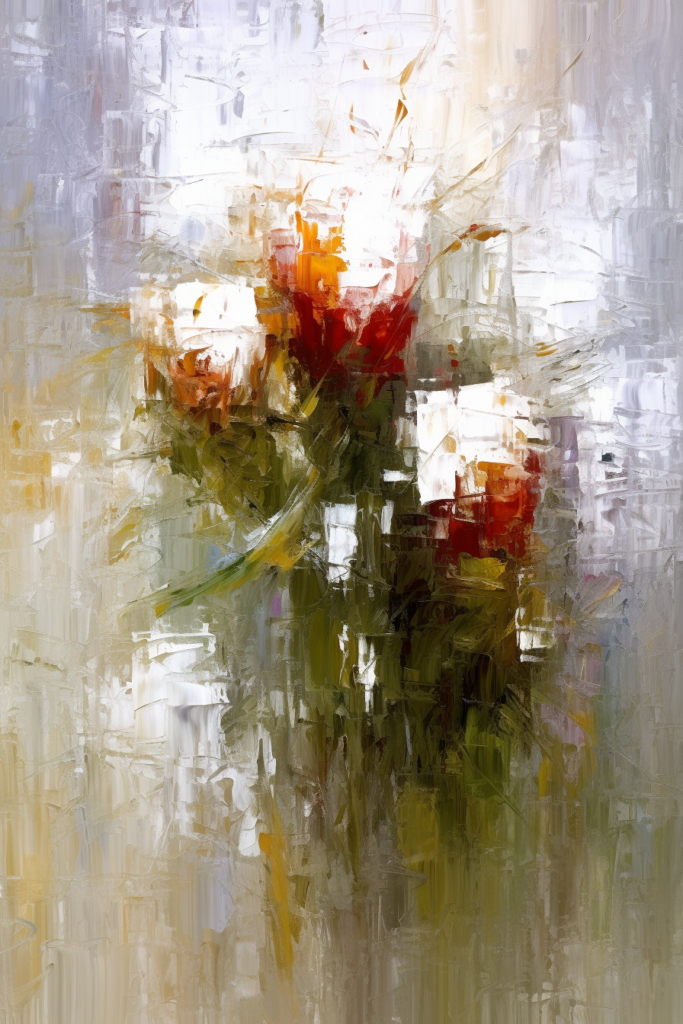 An oil painting of flowers in a vase.