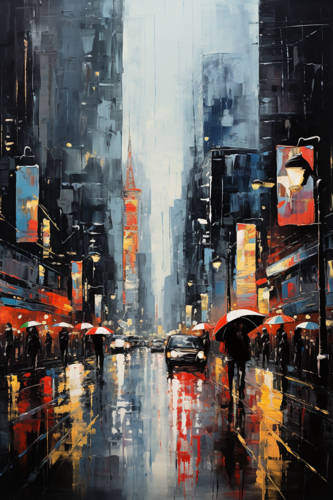 A painting of a rainy city street.