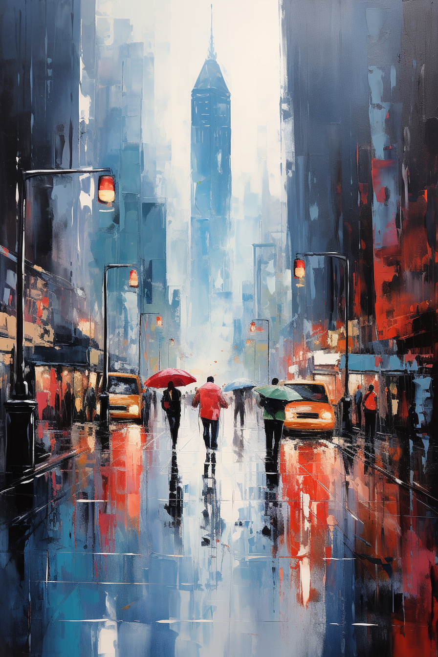 A painting of people walking down a city street with umbrellas.