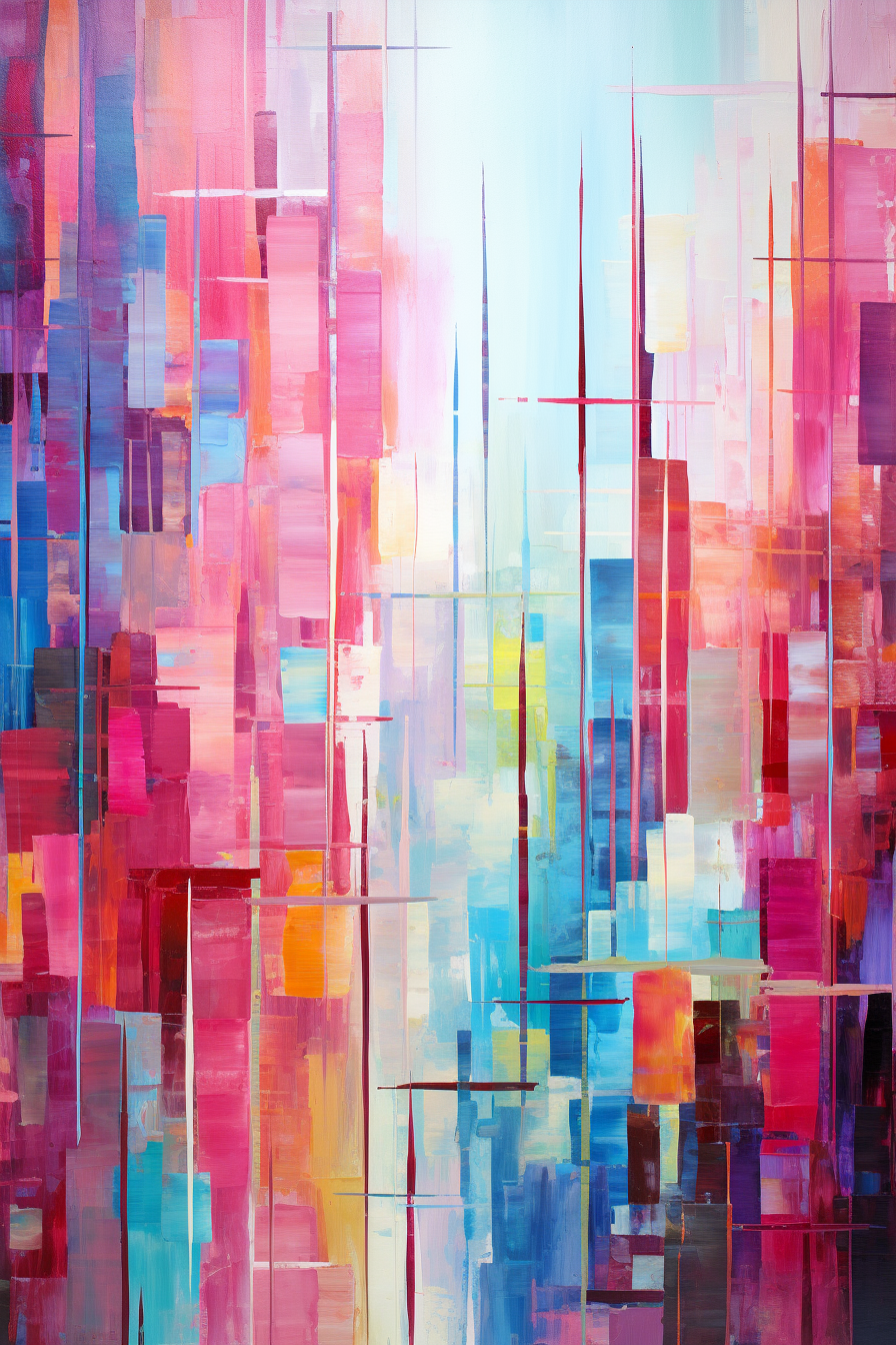 An abstract painting of a city with bright colors.