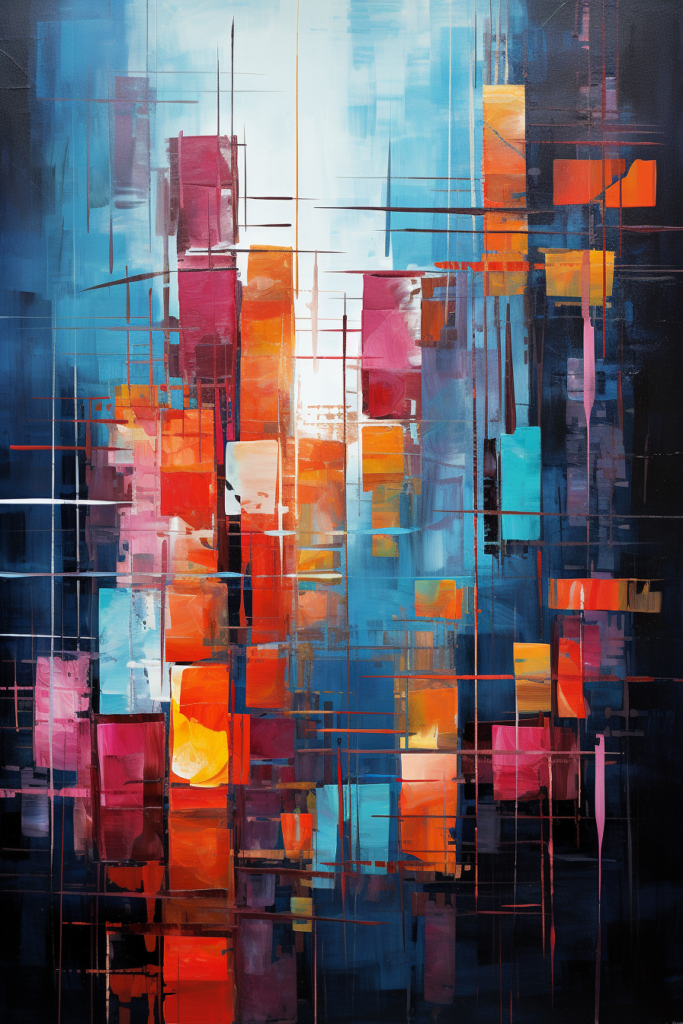 An abstract painting with red, orange and blue squares.