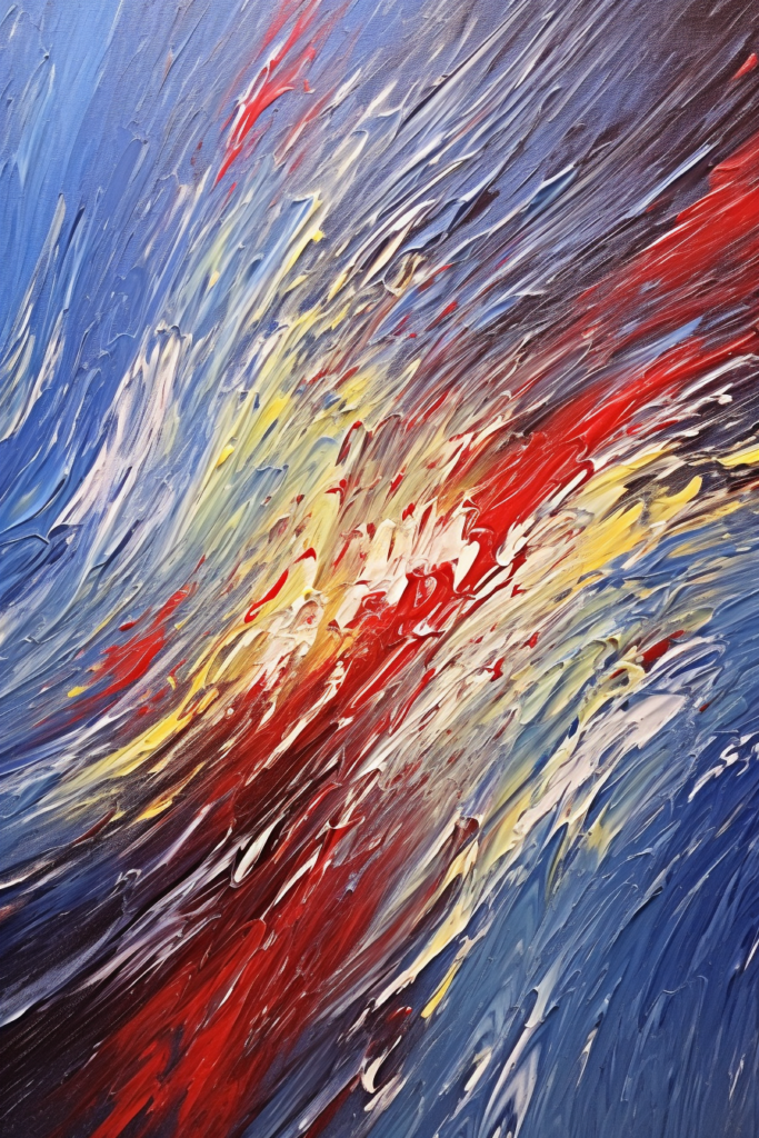 An abstract painting with red, blue and yellow colors.