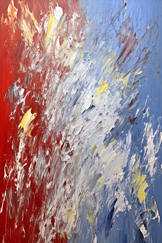 An abstract painting with red, blue and yellow paint.