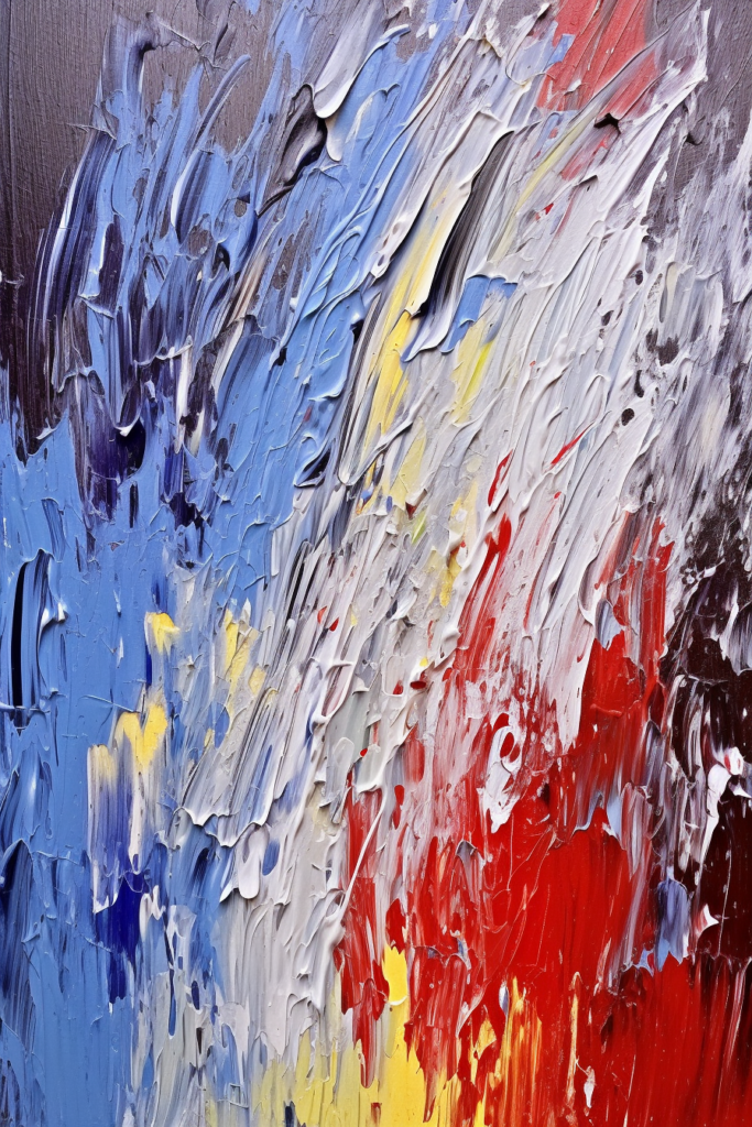 A close up of an abstract painting with red, blue and yellow paint.