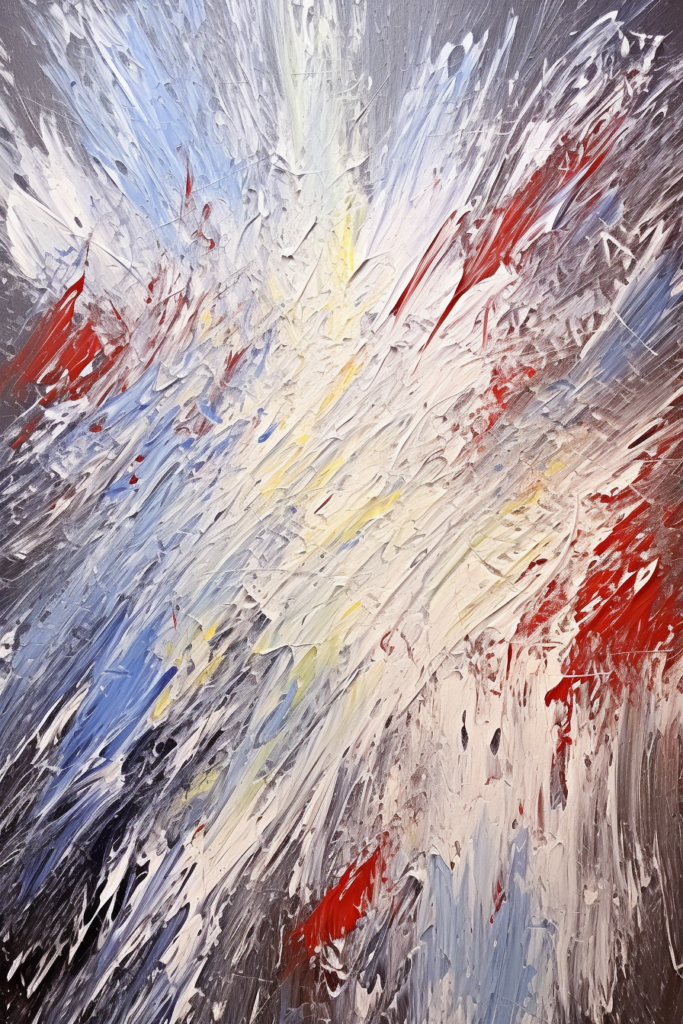 An abstract painting with red, blue and white paint.