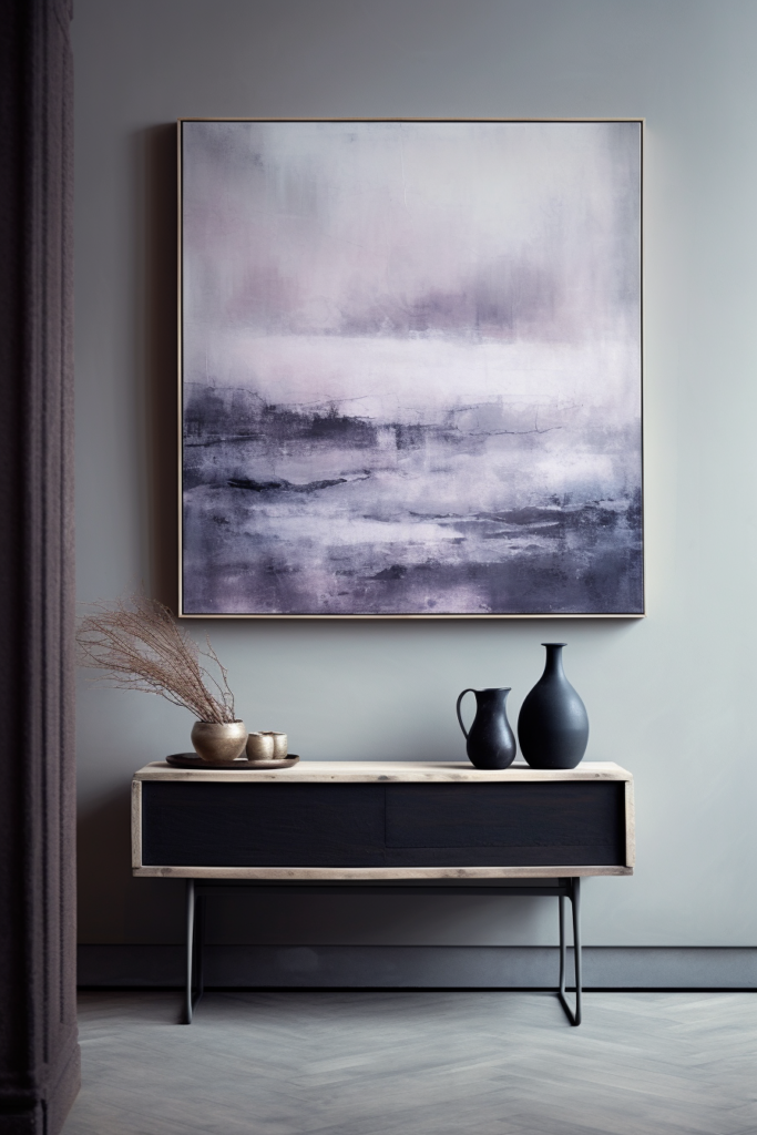 An abstract painting hangs above a console in a living room.