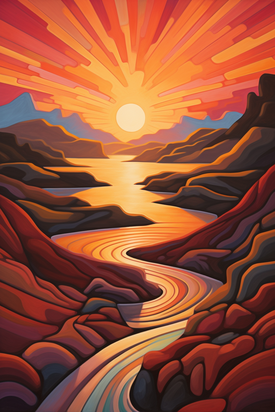 A painting of a desert landscape with a river running through it.