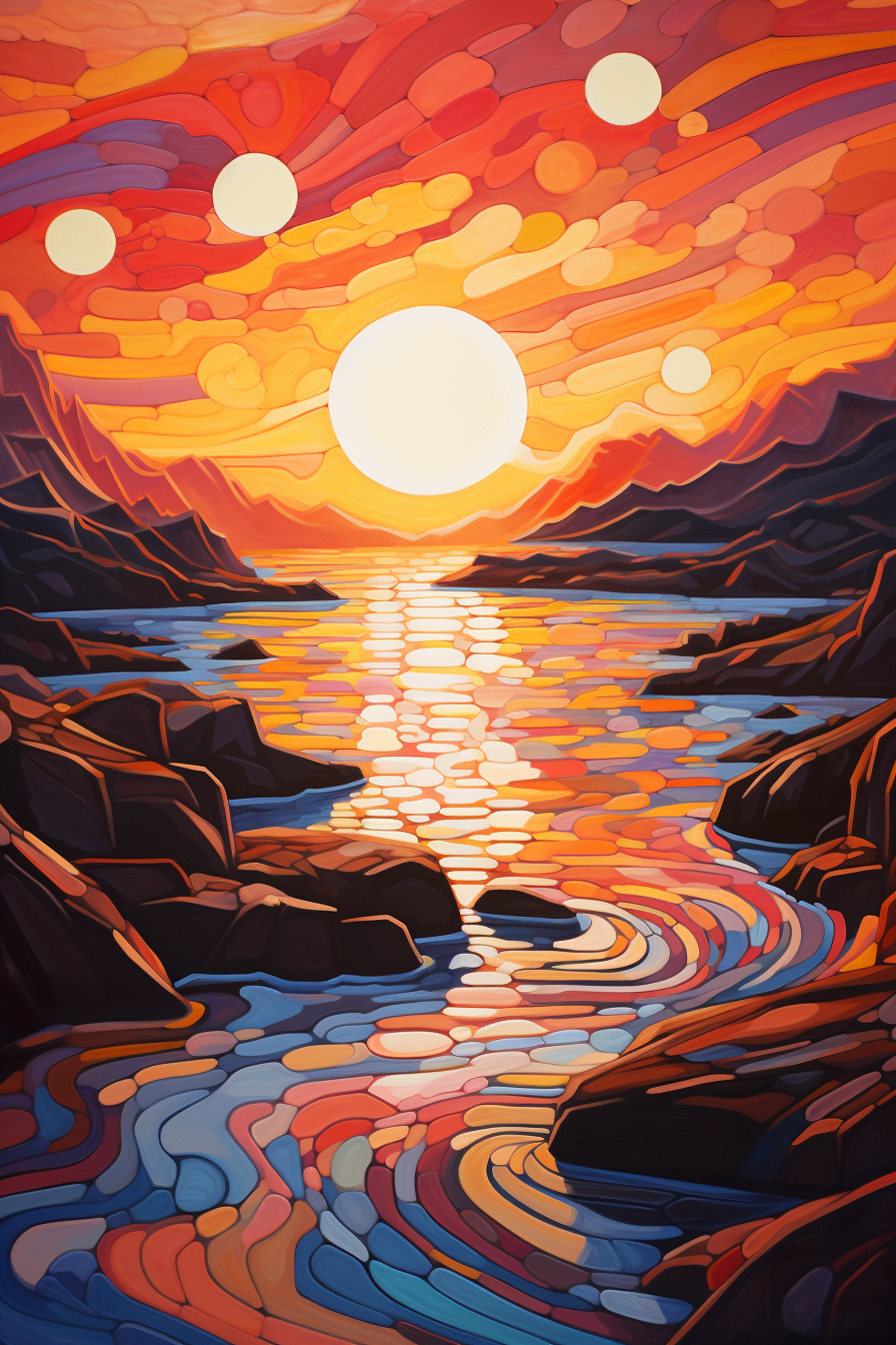 A painting of a sunset over water and rocks.