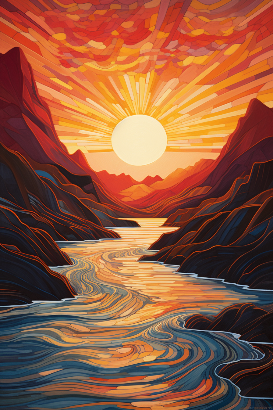 A painting of a sunset over a river in the mountains.