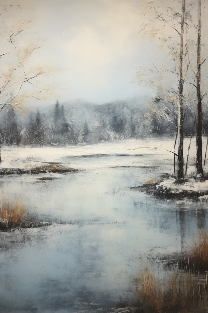 A painting of a snow covered river.